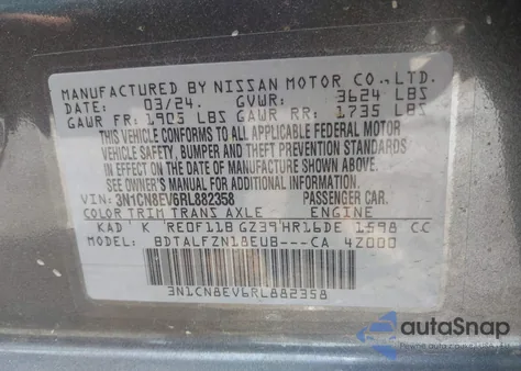 2024 Nissan Versa 1.6 Sv из США, поврежденный, VIN 3N1CN8EV6RL882358